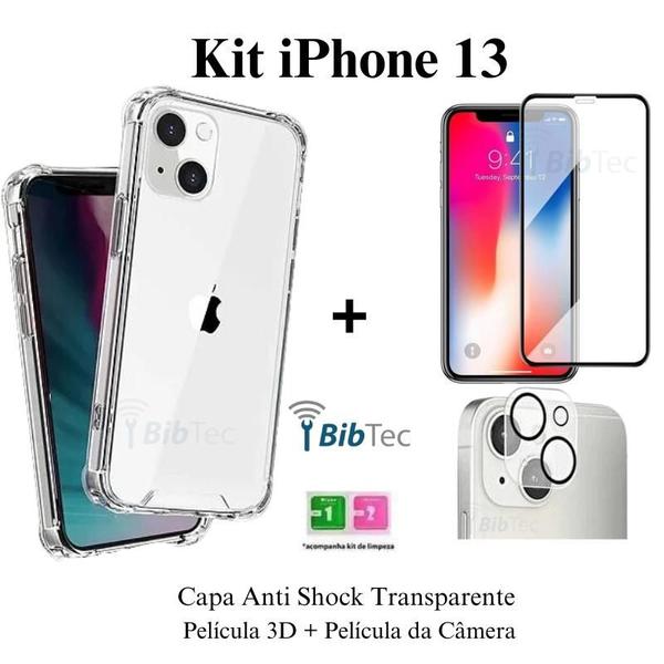 Imagem de Kit Capa Capinha Transparente + Película 3D Vidro + Película Câmera Traseira Para Iphone 13