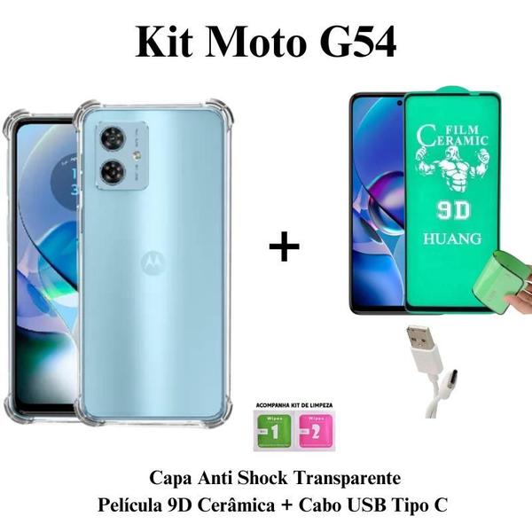 Imagem de Kit Capa Capinha Transparente + Película Cerâmica + Cabo USB Tipo C para Moto G54