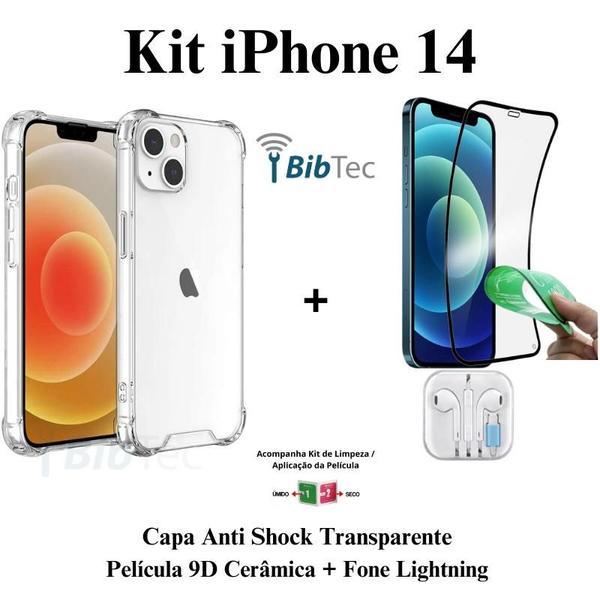 Imagem de Kit Capa Capinha Transparente + Película Cerâmica + Fone de Ouvido para Iphone 14