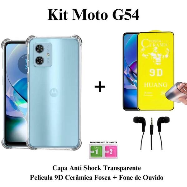 Imagem de Kit Capa Capinha Transparente + Película Cerâmica Fosca + Fone de Ouvido para Moto G54