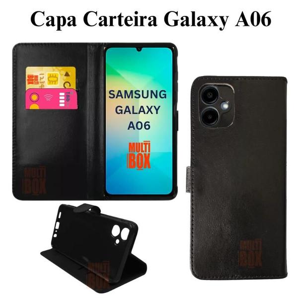 Imagem de Kit Capa Carteira Flip Preta + Película 9D de Cerâmica para Samsung Galaxy A06