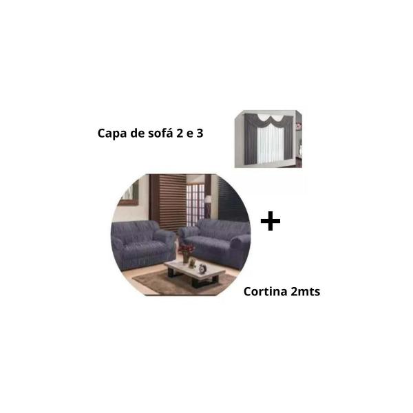 Imagem de Kit Capa De Sofá 2 E 3 Lugares 21 Elásticos + Cortina Riviera 2 Mts Cinza