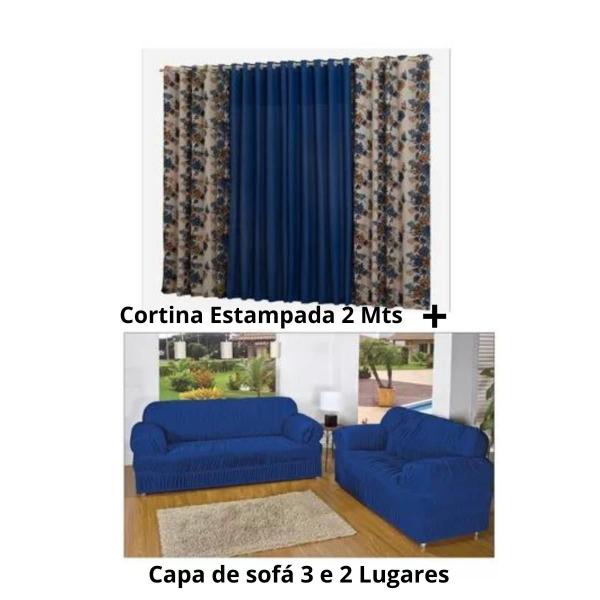 Imagem de Kit Capa De Sofá 2 E 3 Lugares 21 Elásticos + Cortina Rústica 02 Metros Azul