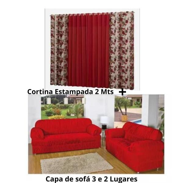 Imagem de Kit Capa De Sofá 2 E 3 Lugares + Cortina Estampada Sala E Quarto 2,00 x 1,60 Vermelho