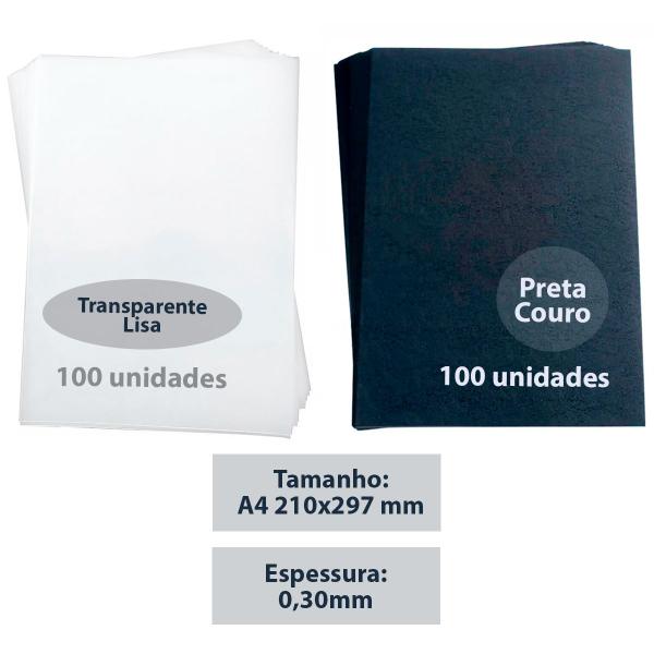 Imagem de Kit capa encadernação A4 transparente lisa + preta couro 200