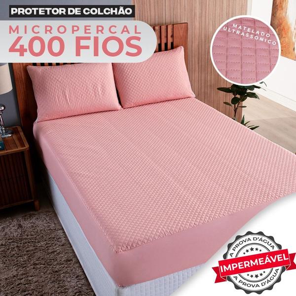 Imagem de Kit Capa Impermeável para Colchão Casal + 02 Fronhas de Travesseiros Impermeáveis com Ziper Tecido Micropercal 400 Fios