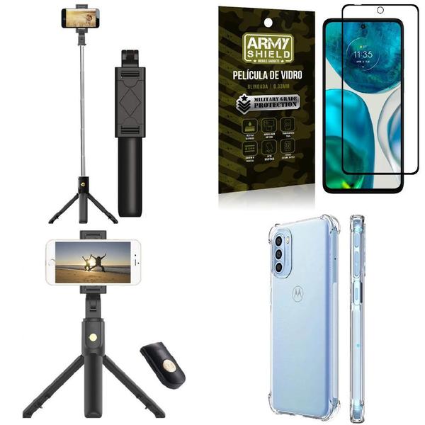 Imagem de Kit Capa Moto G52 +Mini Tripé Selfie Bluetooth +Película 3D Armyshield