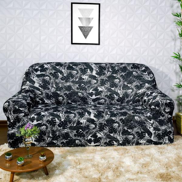 Imagem de Kit Capa Sofa 2 e 3 Lugares Malha Elástico Luxo Black Flower