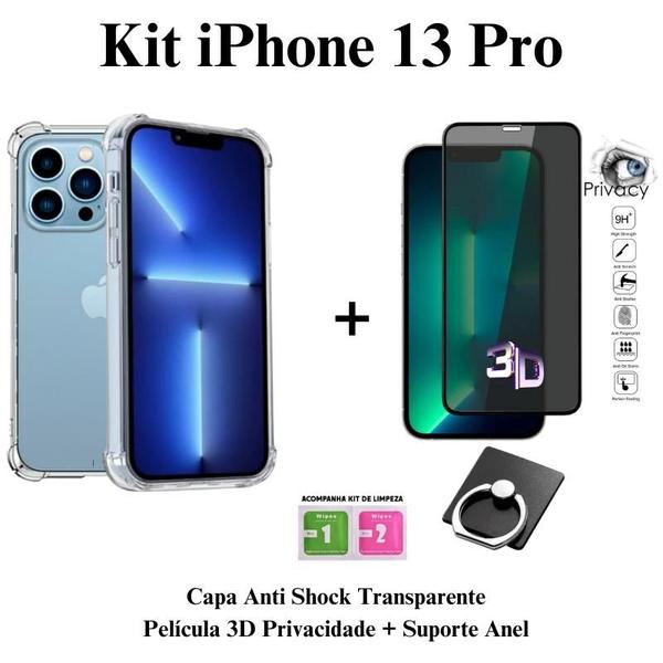 Imagem de Kit Capa Transparente + Película 3D de Vidro Privacidade + Suporte de Anel para Iphone 13 Pro