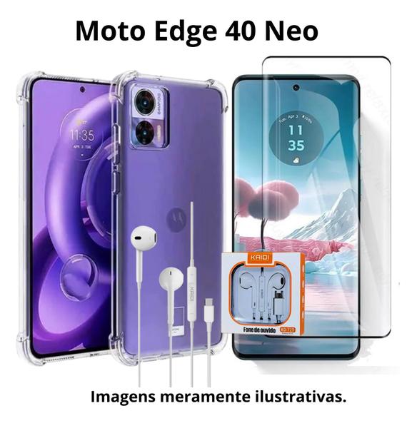 Imagem de Kit - Capa Transparente + Pelicula Curvada Tela Toda + Fone com fio Tipo C para Motorola Moto Edge 40 Neo