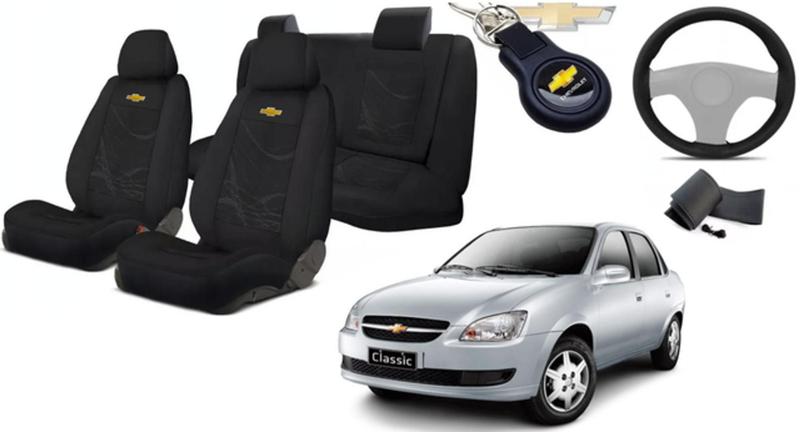 Imagem de Kit Capas Tecido Elegantes para Bancos Classic 2001-2013 + Volante + Chaveiro GM