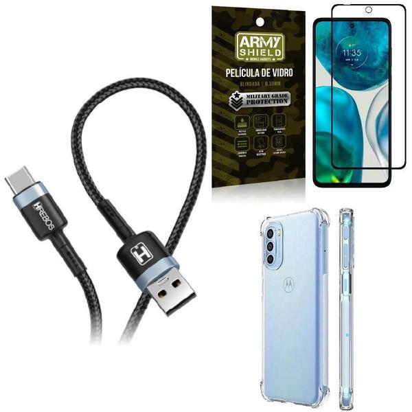 Imagem de Kit Capinha Moto G52 + Cabo Tipo C Hs302 + Película Vidro 3D