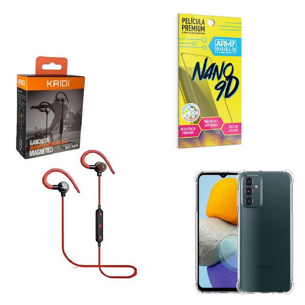 Imagem de Kit Capinha Samsung M23 Fone Bluetooth Esportivo e Película de cerâmica 9D