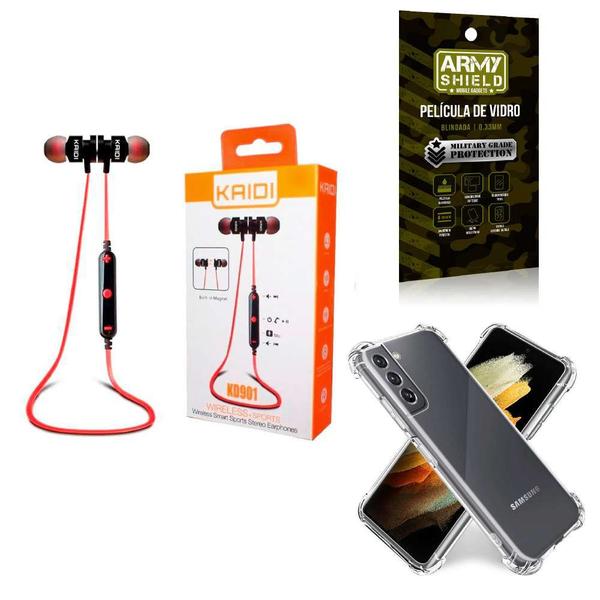 Imagem de Kit Capinha Samsung S21 Plus + Fone Bluetooth Esportivo e Película de vidro 3D