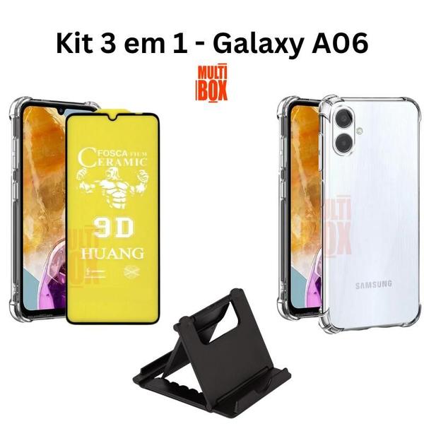 Imagem de Kit Capinha Transparente + Película Cerâmica Fosca + Suporte de Mesa para Samsung Galaxy A06