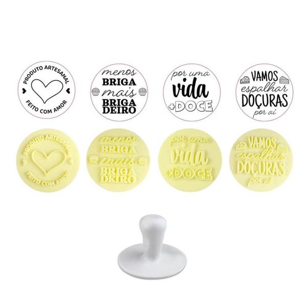 Kit Carimbos Frases Doces para Artesanato e Confeitaria 5cm Blue Star - 4 Peças Imagem de Kit Carimbos Frases Doces para Artesanato e Confeitaria 5cm Blue Star - 4 Peças