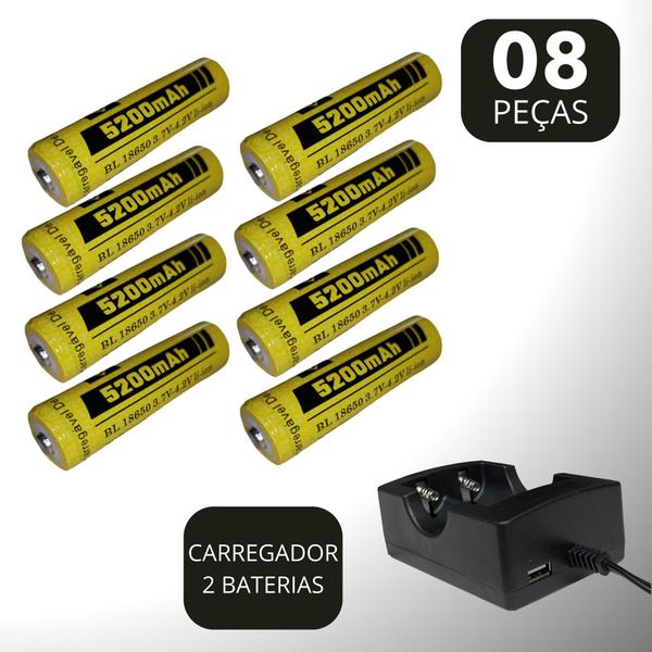 Imagem de Kit Carregador 2 Carga + 8 Cargas 5200mAh 3.7V P/ Lanternas