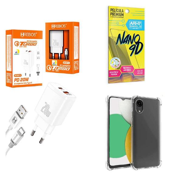 Imagem de Kit Carregador Turbo 20W + Capinha Samsung A03 Core + Película de Cerâmica 9D