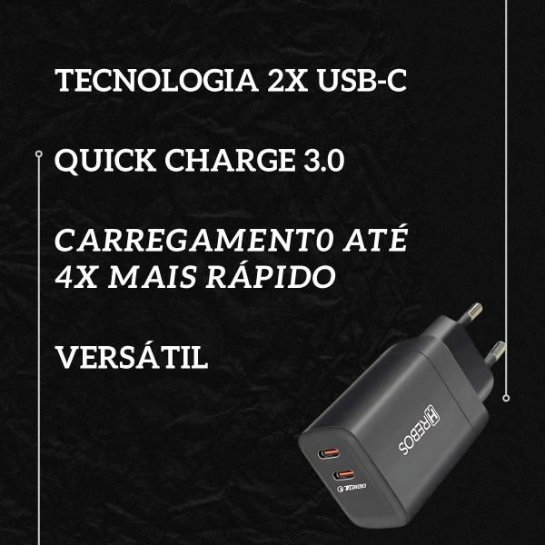 Imagem de Kit Carregador Turbo Fonte 30W Hrebos 2 USB-C compatível Ip + Cabo Lightning Preto