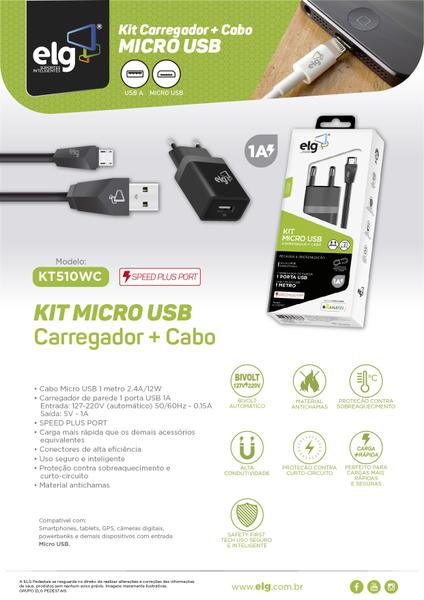 Imagem de Kit Carregador USB + Cabo Micro USB 1M Preto - ELG