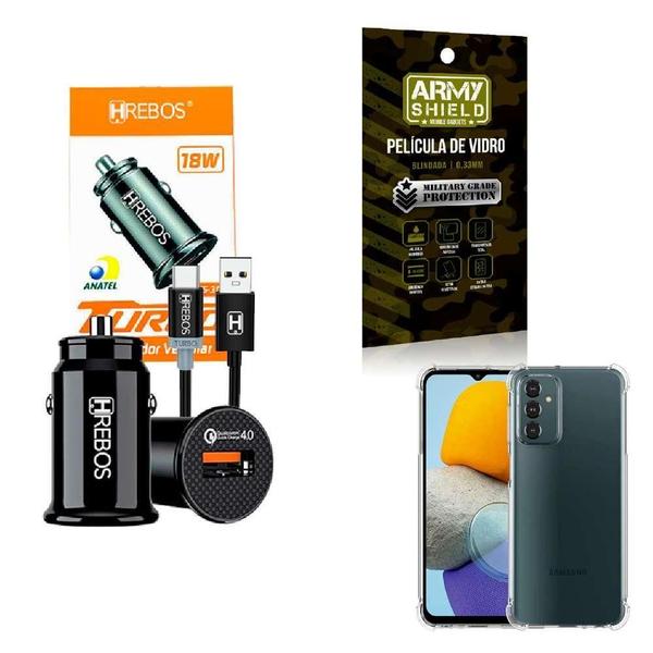 Kit Carregador Veicular + Capinha Samsung M23 + Película 3D - Hrebos Imagem de Kit Carregador Veicular + Capinha Samsung M23 + Película 3D
