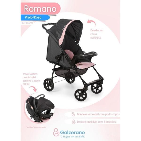 Imagem de Kit Carrinho Romano E Bebê Conforto Preto E Rosa - Galzerano