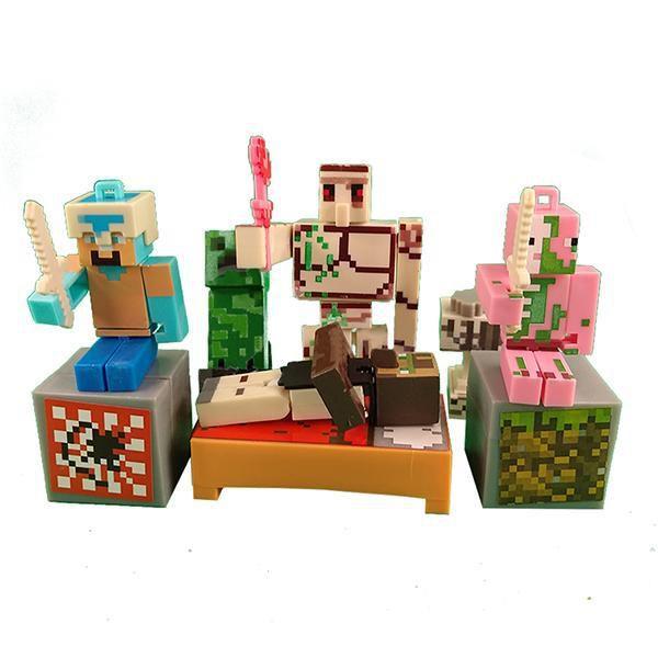 Imagem de Kit Cartelado Conjunto Minecraft 2 Bonecos 1 Cama + Espadas