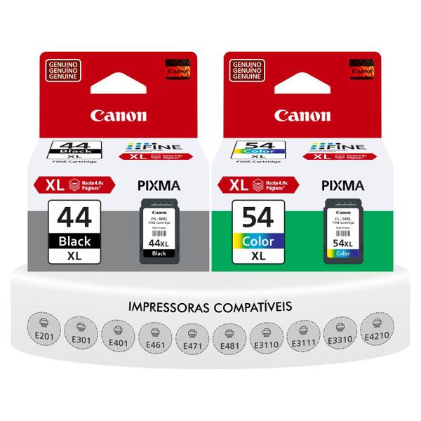 Kit Cartuchos de Tinta Originais Canon Pg-44xl E Cl-54XL E201 E301 E3110 E3111 E3310 E401 E461 E471 E481 E4210 Imagem de Kit Cartuchos de Tinta Originais Canon Pg-44xl E Cl-54XL E201 E301 E3110 E3111 E3310 E401 E461 E471 E481 E4210