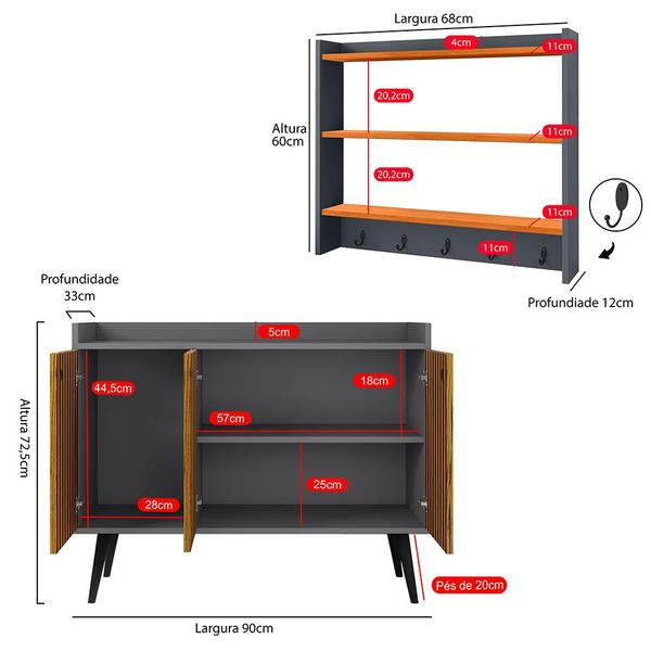 Imagem de Kit Casa Completa Aparador Buffet 3 Portas Pés Palito Wood New Armário Suspenso Prateleiras Ganchos Organizadores Amélia - Cinza/Cinamomo - RPM Móveis