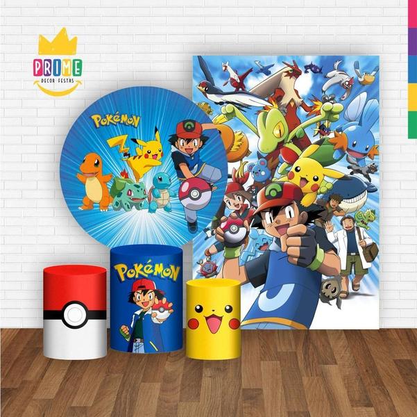 Imagem de Kit Casado Pokemon Painel Redondo Trio Capas Cilindro