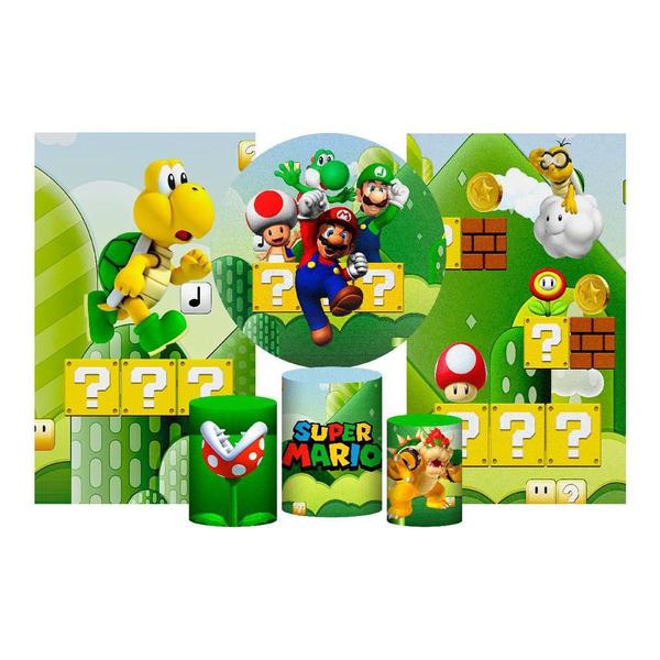 Imagem de Kit Casado Super Mario Painel Redondo Trio Capas Cilindro 2