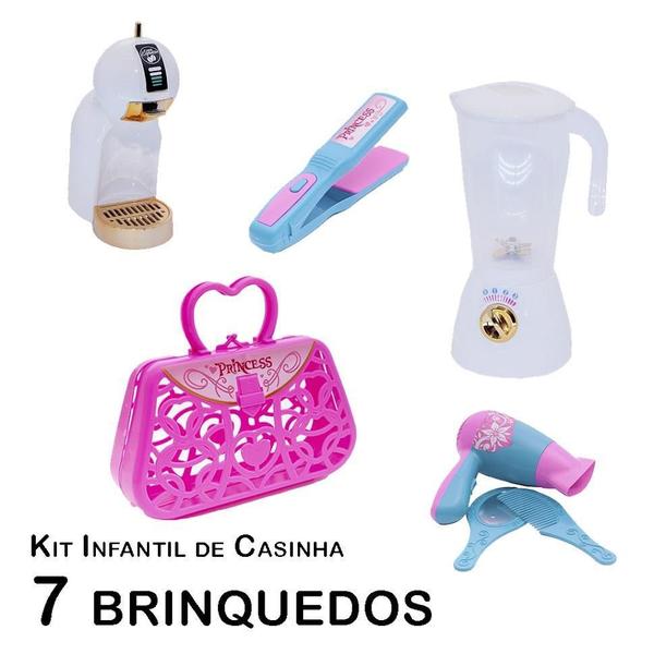 Imagem de Kit Casinha Infantil Cafeteira Liquidificador Secador 7Pç