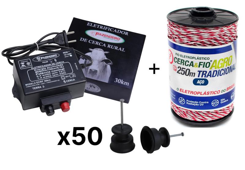 Kit Cerca Elétrica 30km + Fio 250m + 50 Isolador Roldana 30 - FAZENDEIRO / IGECAST Imagem de Kit Cerca Elétrica 30km + Fio 250m + 50 Isolador Roldana 30