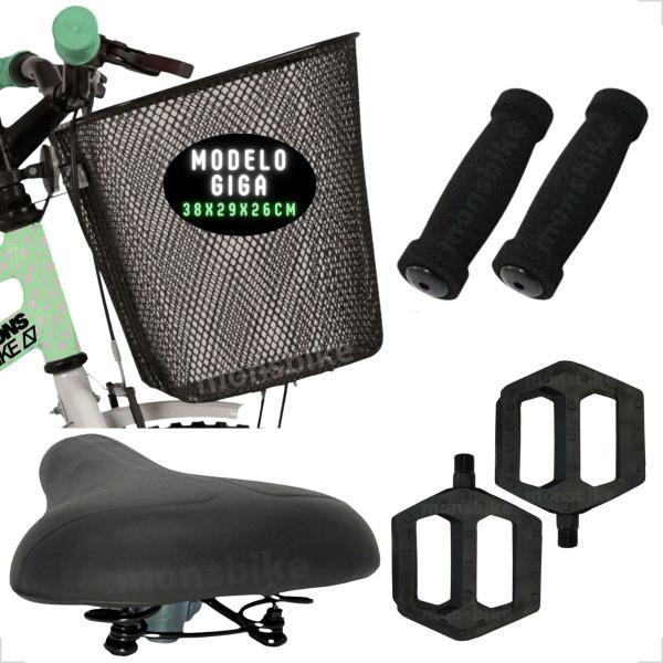 Imagem de Kit Cesta Bike Extra Grande Aro 26 + Selim 2 Molas Confortável + Pedal + Manoplas Punho Espuma