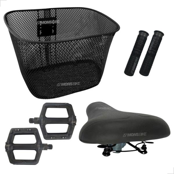 Imagem de Kit Cestinha Bike Cesta Aro 24/26 + Selim Banco 2 Molas + Pedal Plataforma + Punhos Manopla