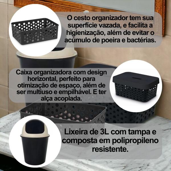 Imagem de Kit Cesto Organizador M + Caixa Organizadora 4,5L + Lixeira 3L