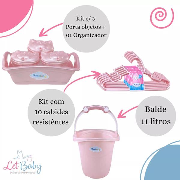 Imagem de Kit Cesto Roupa De Bebê Plastibaby com Bacia + Balde + Lixeira + Organizador + Cabide - Azul e Rosa