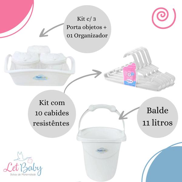 Imagem de Kit Cesto Roupa De Bebê Plastibaby com Bacia + Balde + Lixeira + Organizador + Cabide - Azul e Rosa