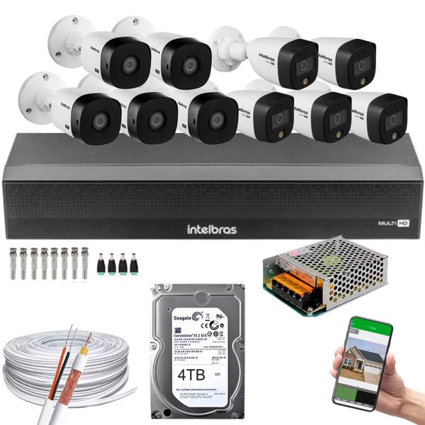 Imagem de Kit cftv 10 Câmeras Intelbras 5 cam Full Color 5 cam 1220b Full Hd Dvr Mhdx 3116-C C/HD 4tb