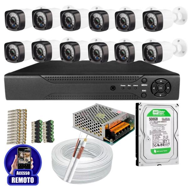 Imagem de Kit Cftv 12 Câmeras Segurança Infravermelho 20 Metros Dvr Multi Hd 16ch Acesso Remoto C/HD 500GB