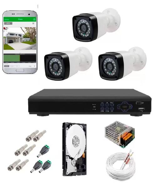 Imagem de Kit Cftv 3 Câmeras Infravermelho Segurança 1mp 20m Dvr Full Hd 4 Ch S/ Hd c/ conectores Promo