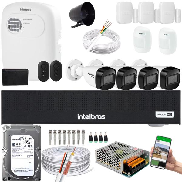 Imagem de Kit cftv 4 Câmeras 1130B Dvr 3004-C Intelbras + kit Alarme+ivp 2000+xas 4010 + HD 4TB