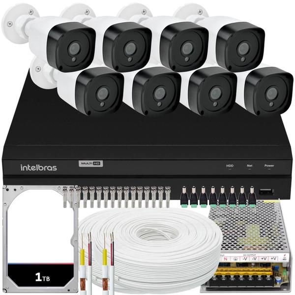 Imagem de Kit Cftv 8 Cameras Full Hd Dvr Intelbras 1208 200m Cabo 1tb