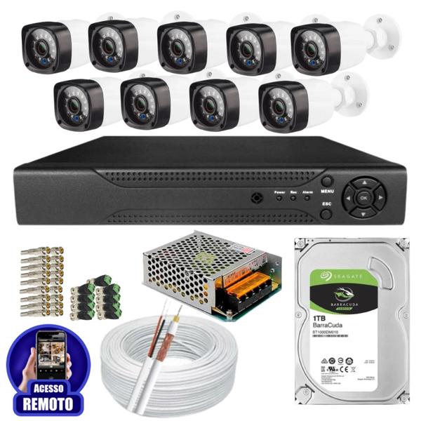 Imagem de Kit Cftv 9 Câmeras Segurança Infravermelho 20 Metros Dvr Multi Hd 16ch Acesso Remoto C/HD 1TB