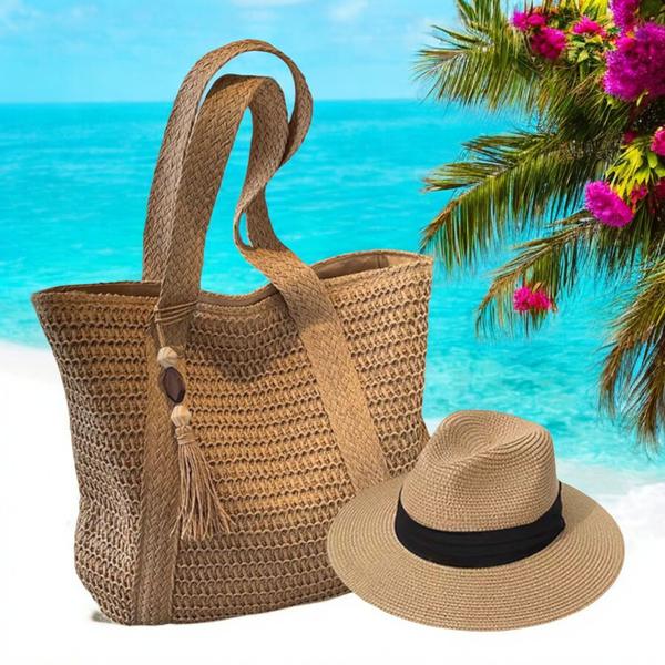 Imagem de Kit Chapéu Palha ABA MÉDIA + Bolsa PREMIUM Praia Feminino 1012