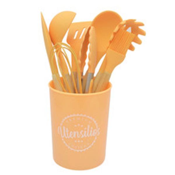 Imagem de Kit Chef Cozinha 9 peças Utensílios Silicone LARANJA Madeira Gourmet - Wincy