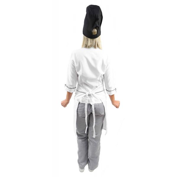 Kit chef cozinha feminino Dolmã manga 3/4 + Avental branco + Chapéu preto - Demorgan Uniformes Imagem de Kit chef cozinha feminino Dolmã manga 3/4 + Avental branco + Chapéu preto