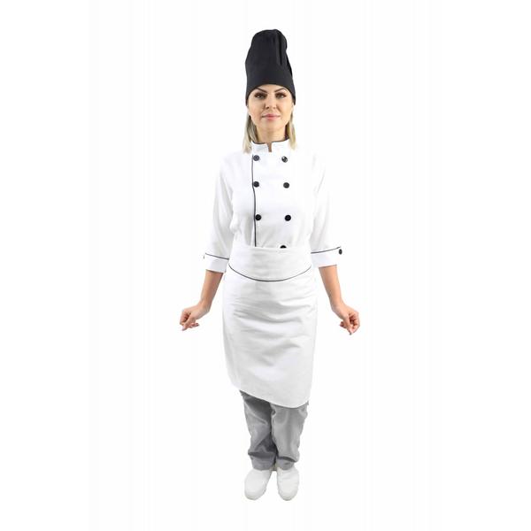 Kit chef cozinha feminino Dolmã manga 3/4 + Avental branco + Chapéu preto - Demorgan Uniformes Imagem de Kit chef cozinha feminino Dolmã manga 3/4 + Avental branco + Chapéu preto