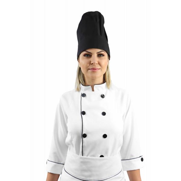 Kit chef cozinha feminino Dolmã manga 3/4 + Avental branco + Chapéu preto - Demorgan Uniformes Imagem de Kit chef cozinha feminino Dolmã manga 3/4 + Avental branco + Chapéu preto