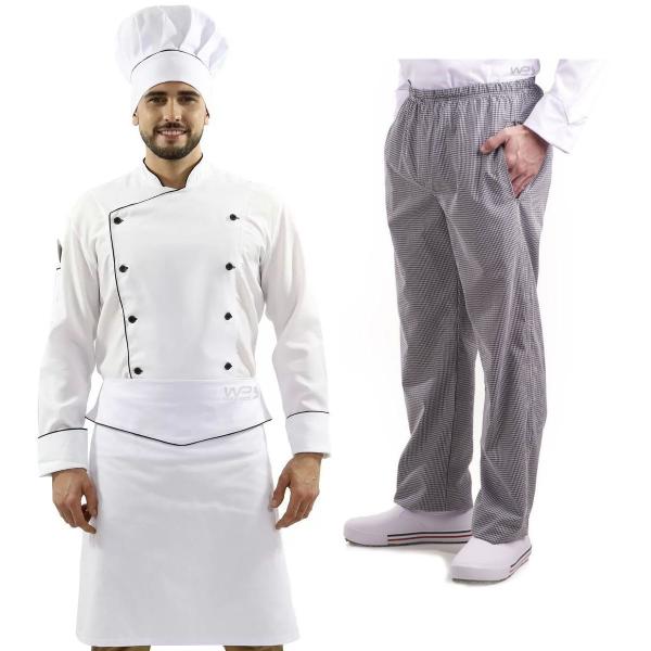 Imagem de Kit Chef de Cozinha Dólmã Chapéu Calça e Avental Unissex